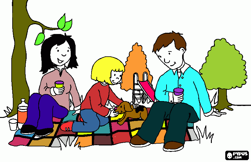 familia picnic en el parque para colorear