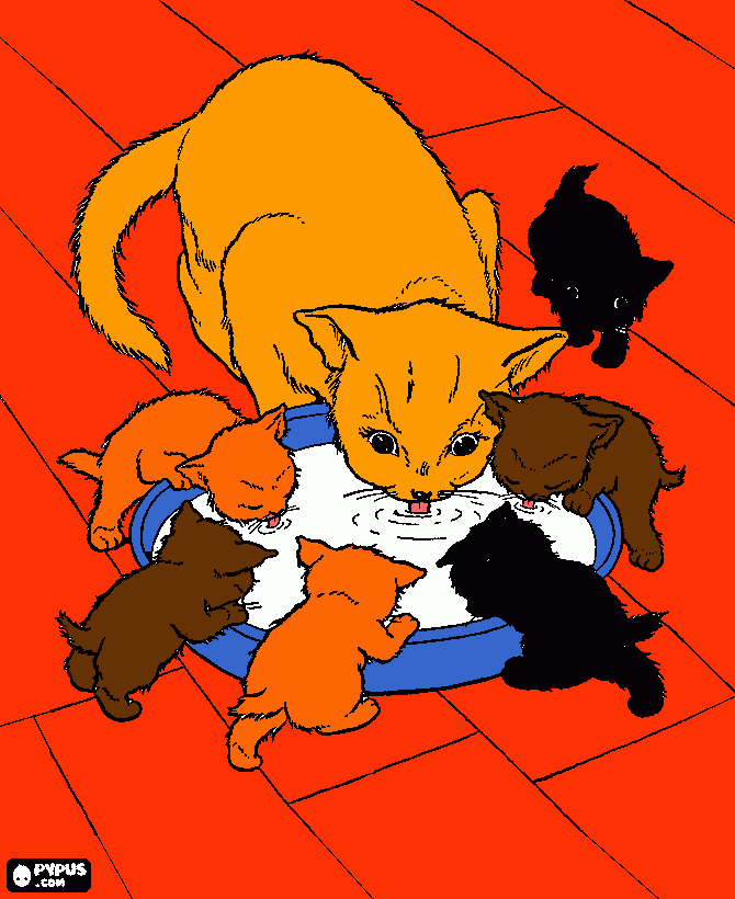 gatos con su mama para colorear