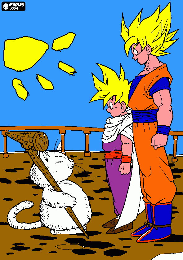 gohan y goku super sayayin con el maestro karin para colorear