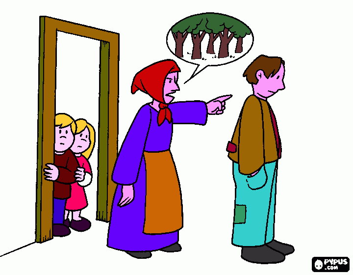 Hansen, Gretel, el papá y la madrastra para colorear