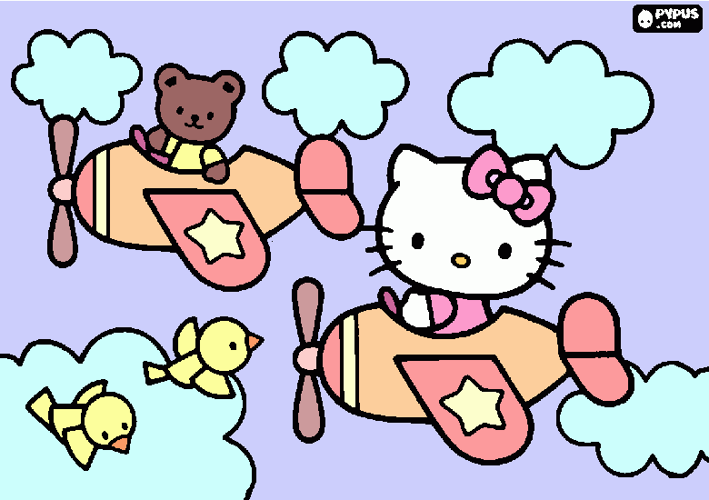 hello kitti y su amigo volando aviones muy lindo color rosita para colorear