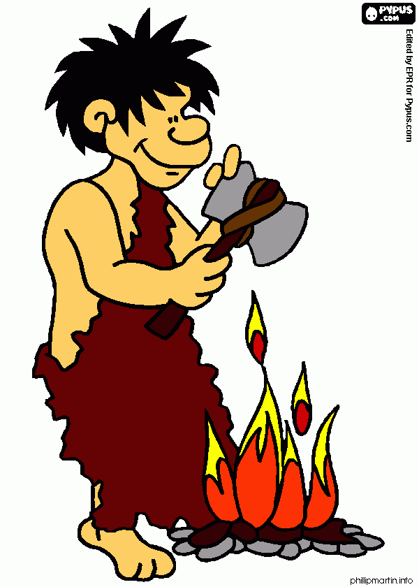 homo erectus con hacha y fuego para colorear