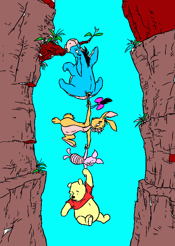 igor,conejo,piglet y poo cayendo de una roca para colorear