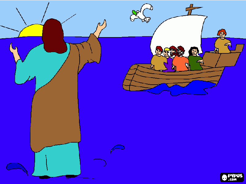 jesus andando por el agua para colorear