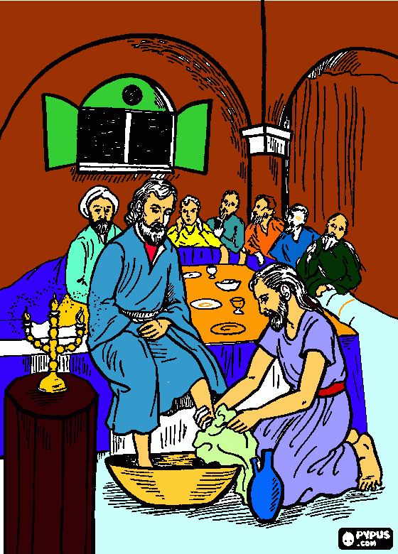 jesus la va los pies de los discipulos para colorear