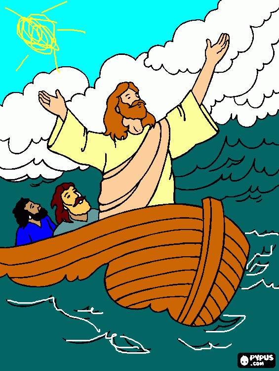 Jesús calma la tormenta para colorear