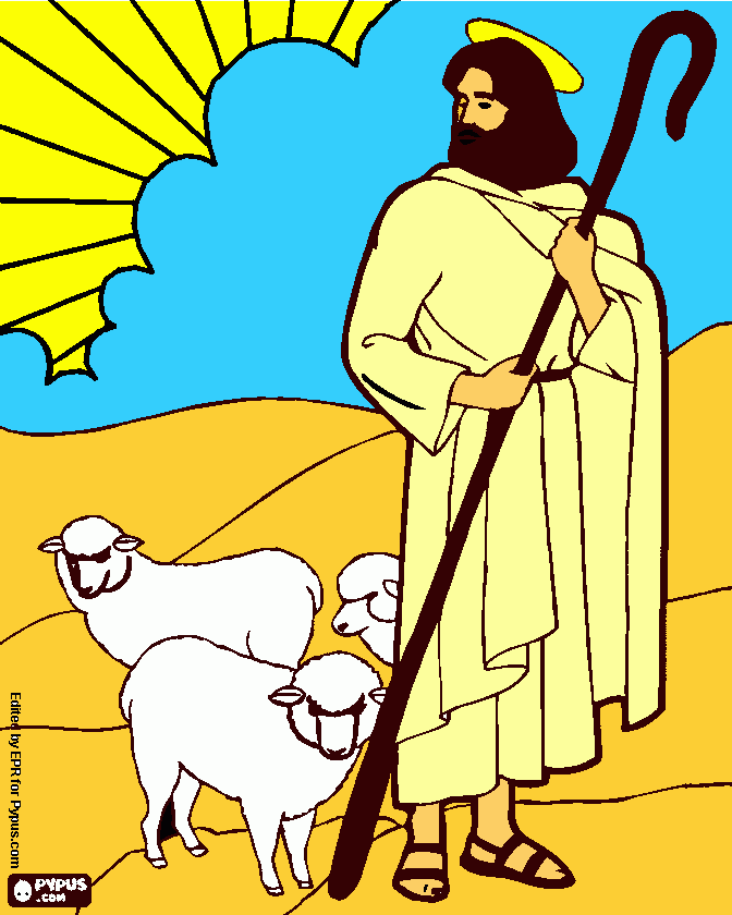 Jesús cuídando el rebaño de ovejas para colorear