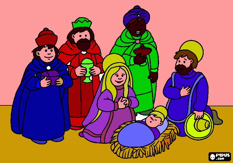  La adoracion de los tres reyes magoss de oriente al niño Jesus. para colorear
