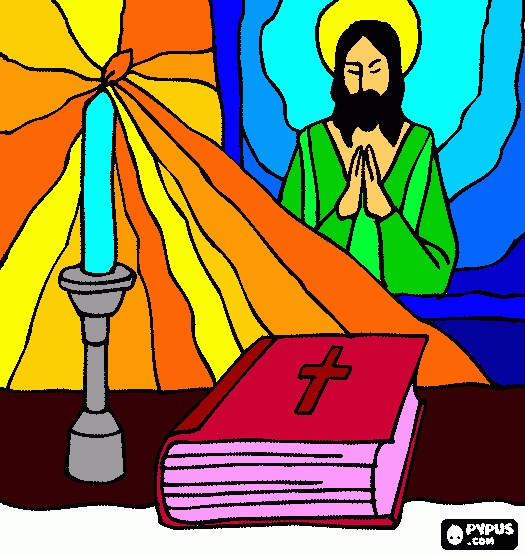 la biblia y una vela encendida sobre el altar con una imagen de Jesus en el fondo para colorear