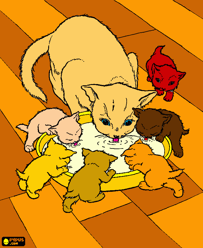 La gata y sus gatitos. para colorear