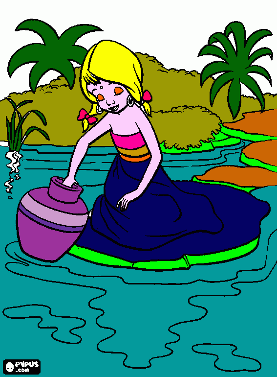 La niña cogiendo agua para colorear