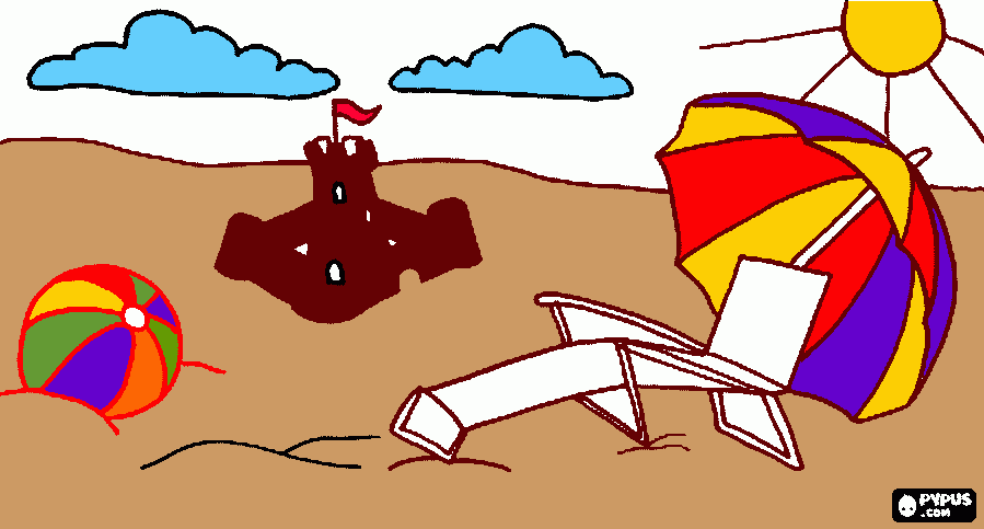 la playa con parasol, tumbona, pelota y castillo de arena para colorear