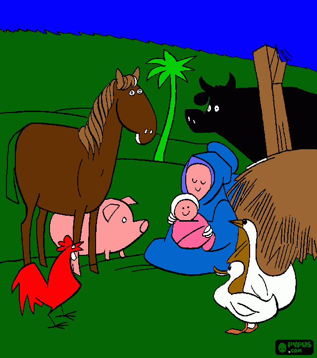 la virgen Maria con su hijo jesus con  los animales y el establo para colorear