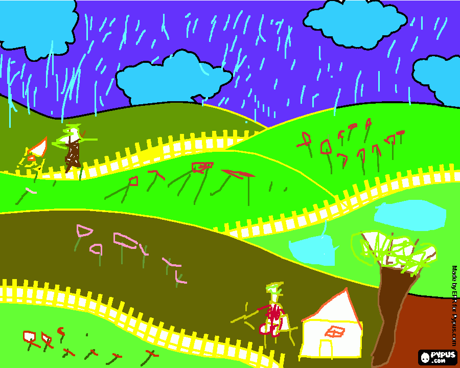 Landscape, dibujo de un paisaje en un día de lluvia para colorear