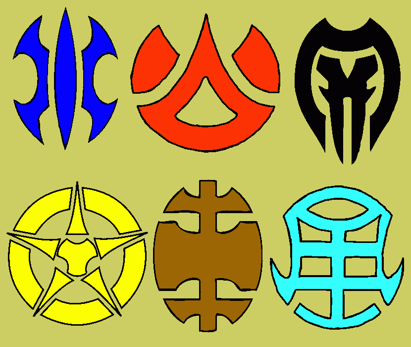 los simbolos bakugan: aquos, pyrus, darkus, haos, subterra, ventus para colorear