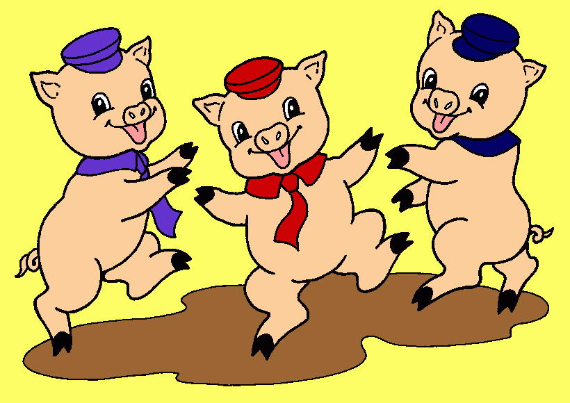 los tres cerditos celebrando felices que ya no tienen miedo al lobo feroz para colorear