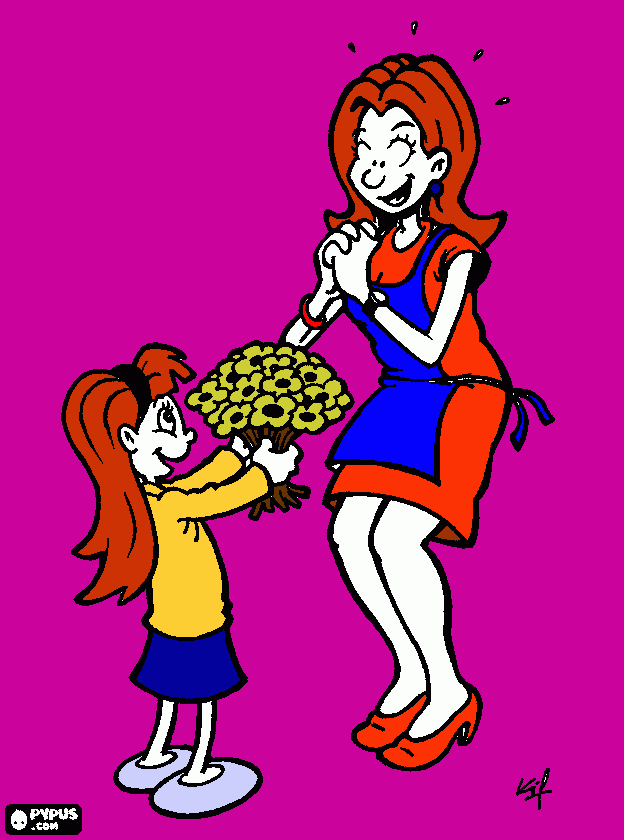 Madre, hija y un ramo de flores para colorear
