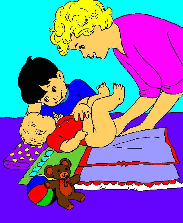 mama limpiando y cambiando el pañal al bebe mientras esta distraido con su hermano para colorear