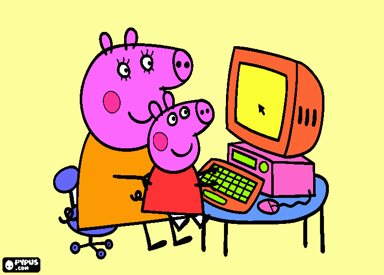 mama y peppa en el ordenador para colorear