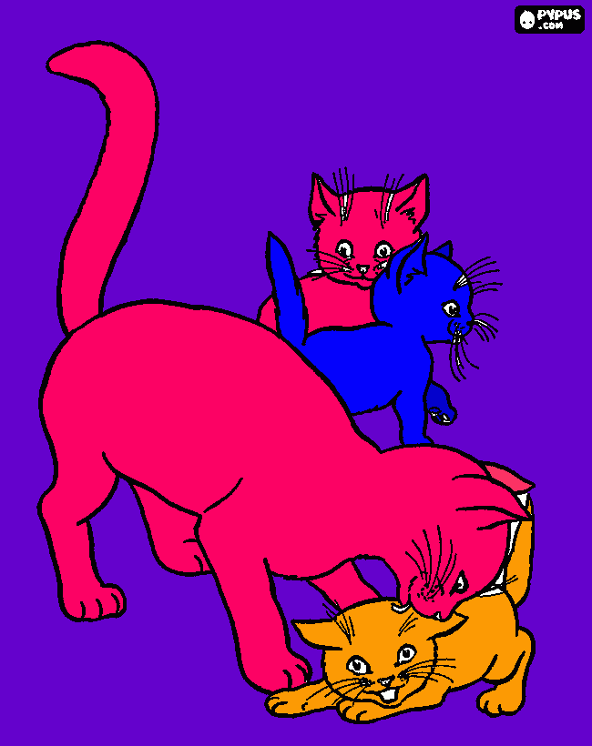 mamá gata jugando con sus gatitos. para colorear
