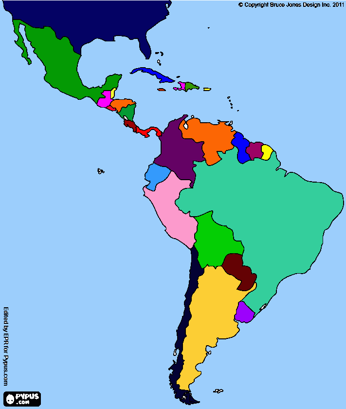 Mapa de América con los países pintados para colorear