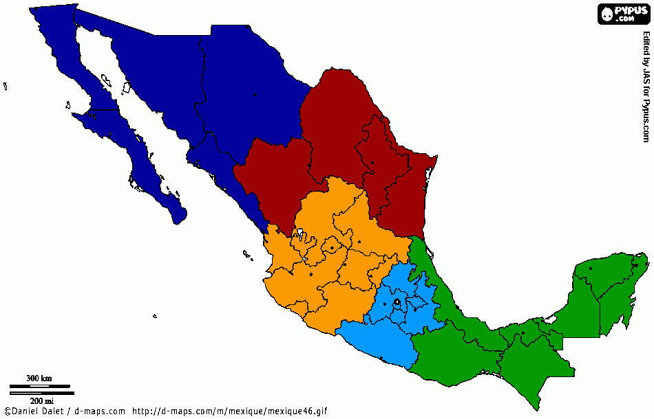 Mapa de México Dividido por Región para colorear