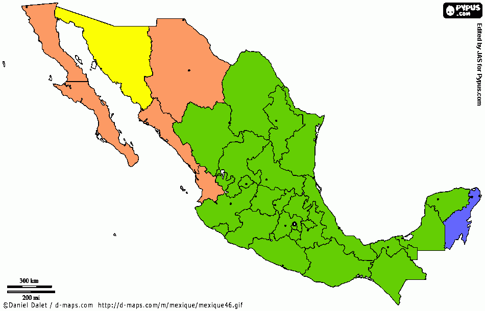 Mapa husos horarios de México para colorear
