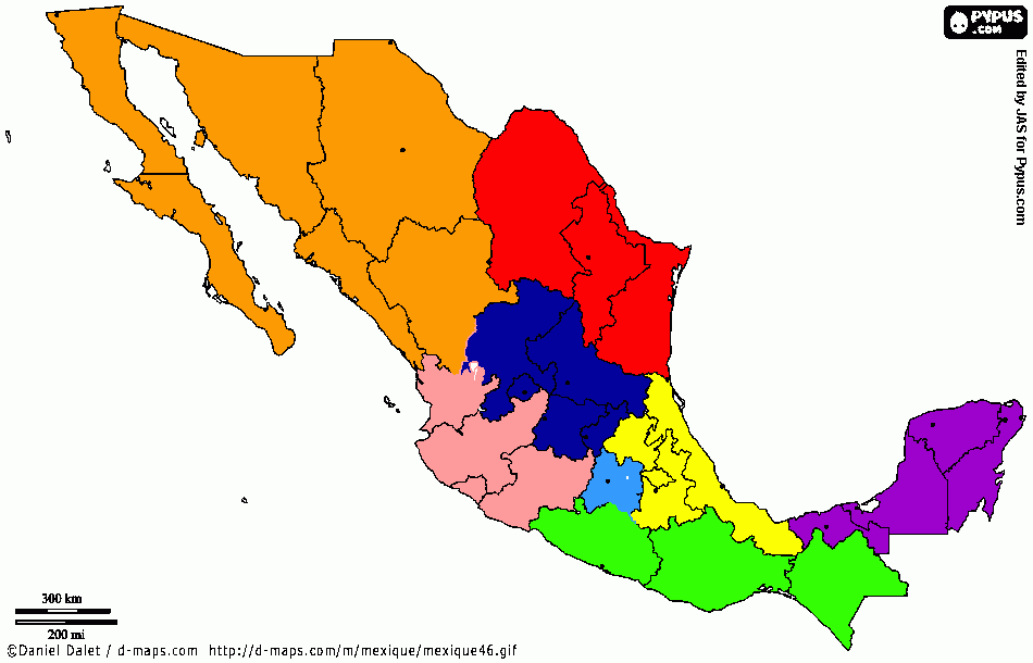 mapa republica mexicana, noroeste, sureste, poniente, etc. para colorear