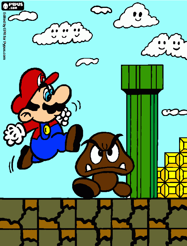 mario aplasta hongo para colorear