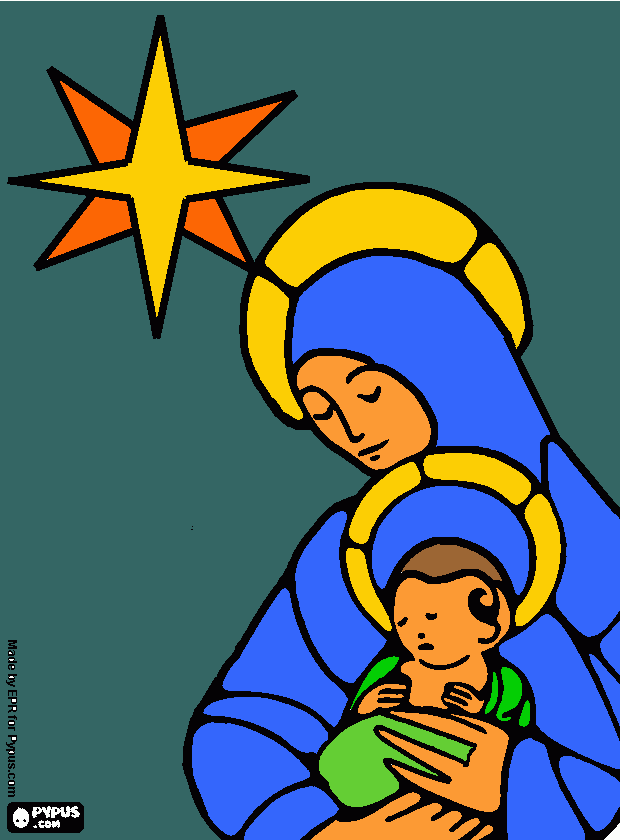 María con su hijo Jesús y la estrella para colorear