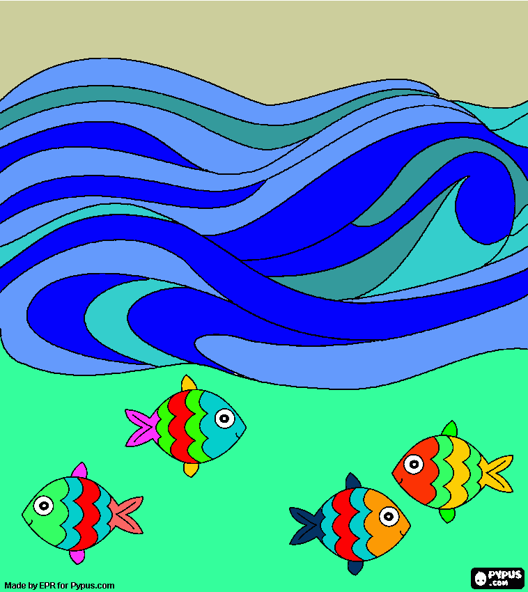 Medio ambiente, el mar con los peces para colorear
