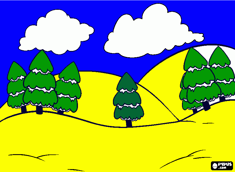 Medio ambiente, un paisaje con montañas y árboles para colorear