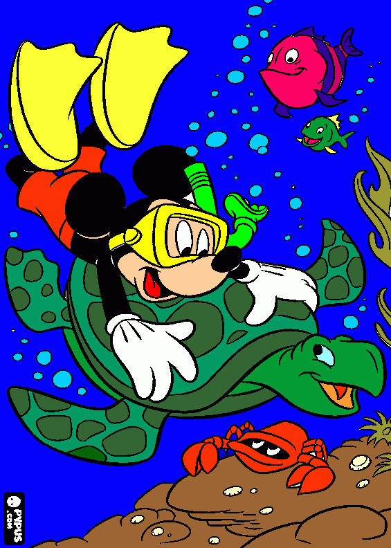 mickey en el mar buceando con los peces y cangrejos y tortugas para colorear