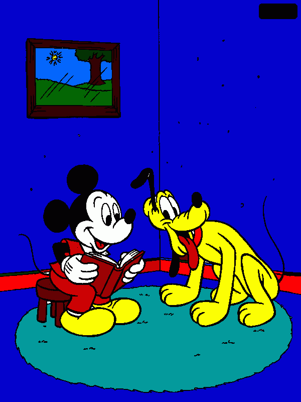 mickey mouse leyendo un libro con pluto para colorear