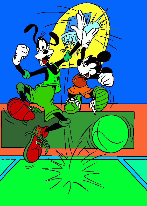 MICKEY Y GUFI JUGANDO AL  BALONCESTO para colorear