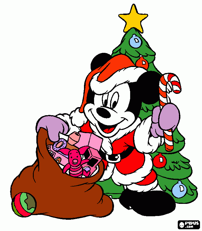 mikey mouse disfrazado de papa noel con un saco lleno de regalos al lado del arbol de navidad para colorear