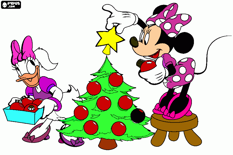 Minnie y daisy preparando el árbol de Navidad para colorear