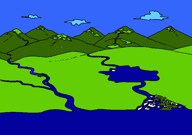 montañas   verdes  rio  azul para colorear