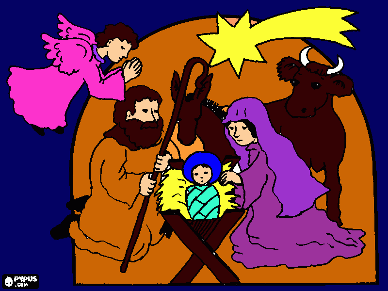 Nacimiento del niño Jesus,en el pesebre con sus padres,los animales,el angel y la estrella fugaz para colorear