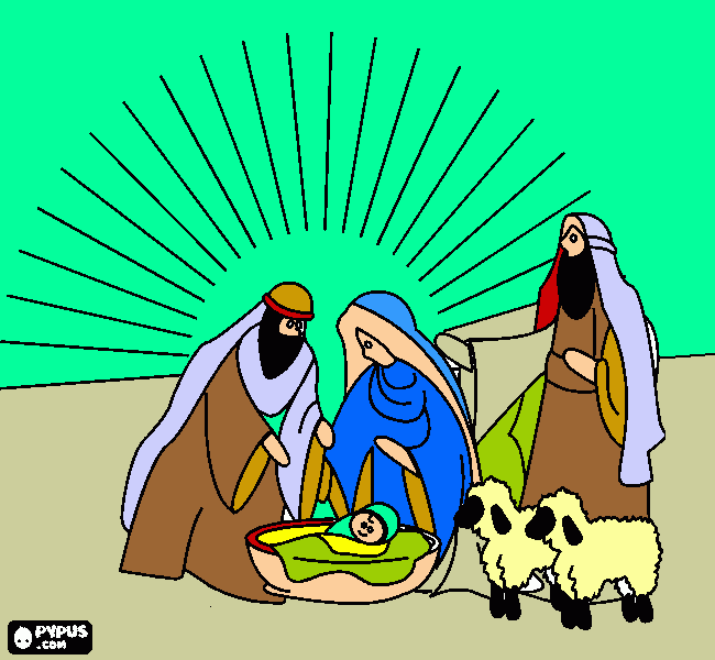 nacimiento pintado con el pastor y dos ovejitas para colorear