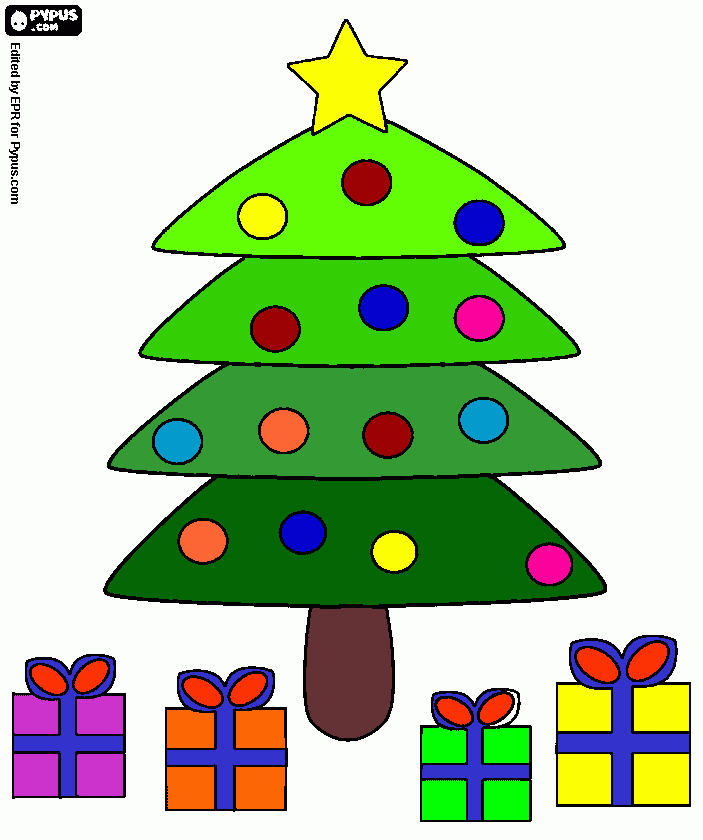 navidad, un árbol coloreado con cuatro regalos para colorear