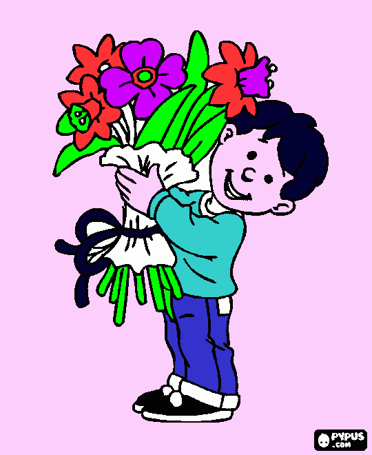 nino con flores para mama para colorear