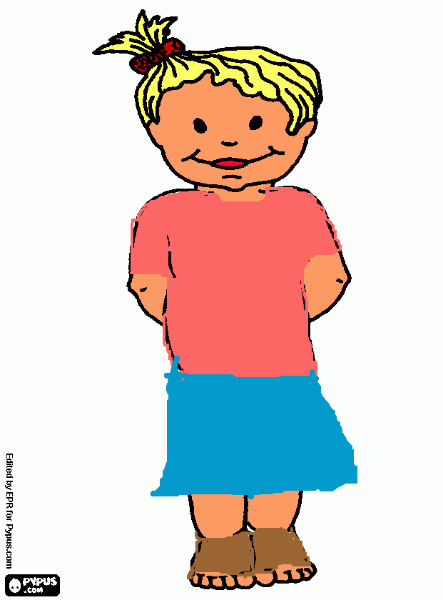 niña con falda azul y camiseta rosa para colorear