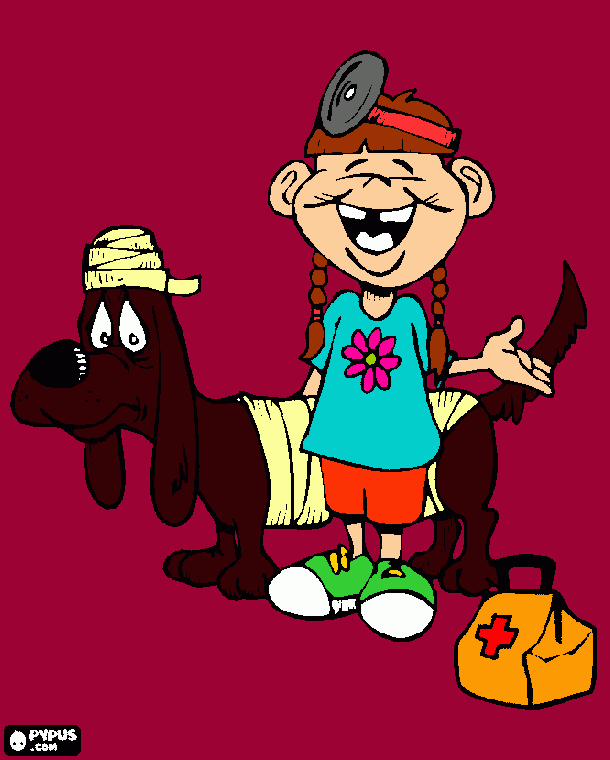 niña jugando de doctor con su perro para colorear