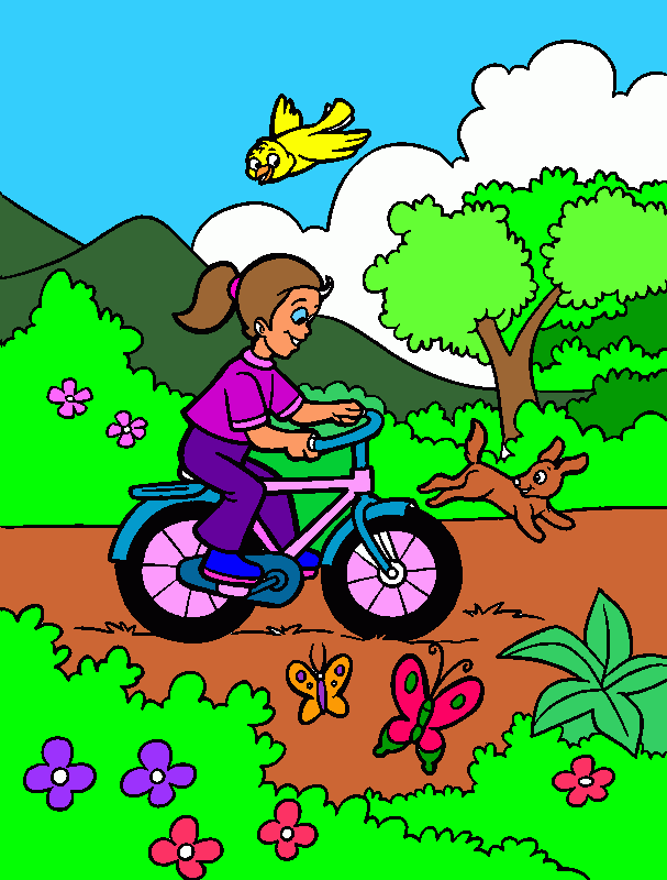 niña montando bicicleta para colorear