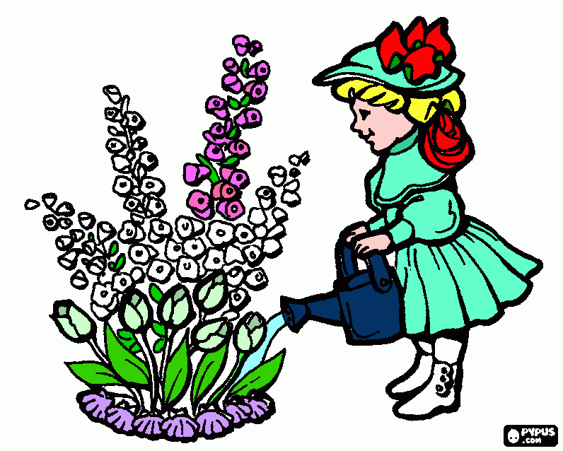 niña regando flores para colorear