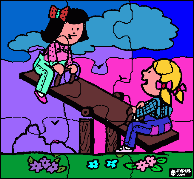 niñas en el parque jugando en el sube y baja para colorear