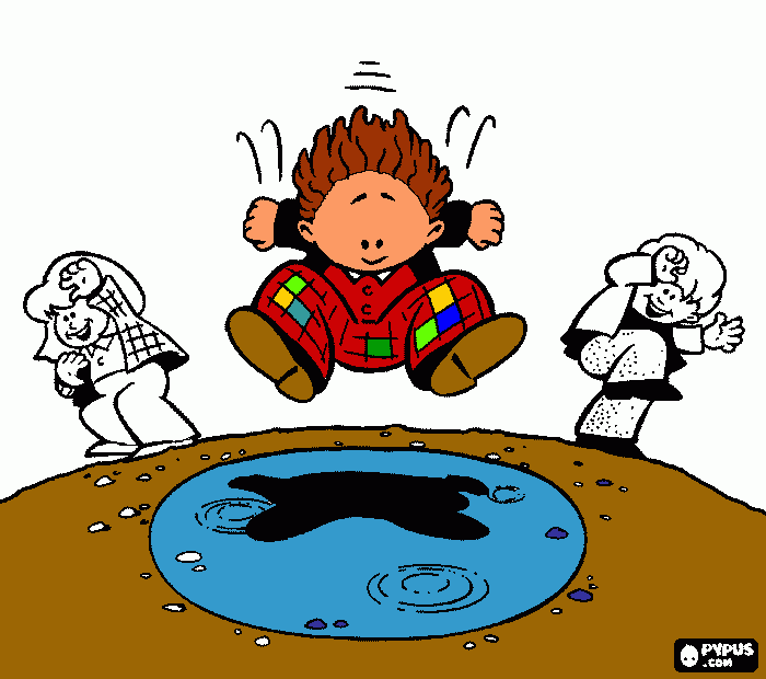 niño saltando charco para colorear