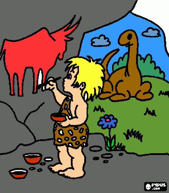 niño troglodita pintando en cueva para colorear