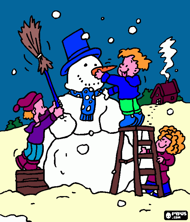 niños armando un muñeco de nieve para colorear